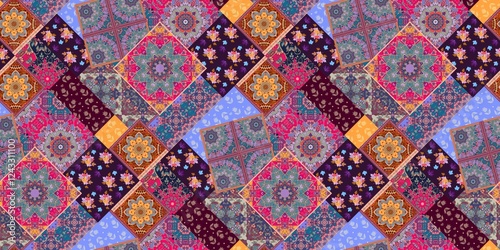 Bohemian seamless patchwork pattern with embroidered tulips, mandalas, ornaments and autumn leaves. 