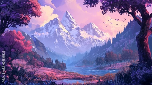 Serene landscape with majestic mountains and vibrant flora at twilight