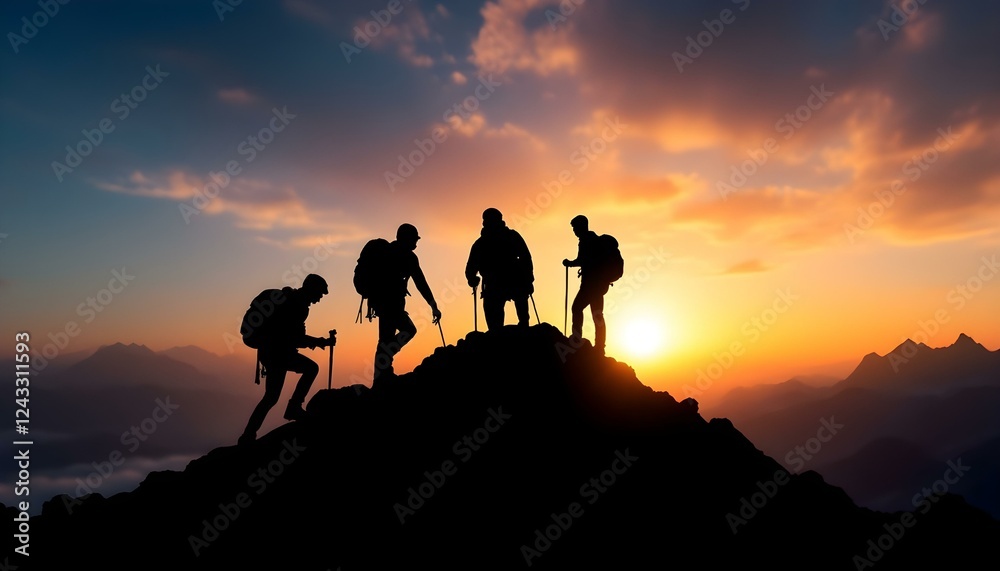 Fototapeta premium Silhouette of climbers who climbed to the top of the mountain thanks to mutual assistance and teamwork