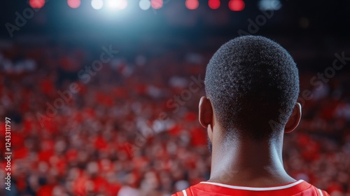 A focused athlete stands before a roaring crowd, embodying the spirit of competition and teamwork in an electrifying moment.