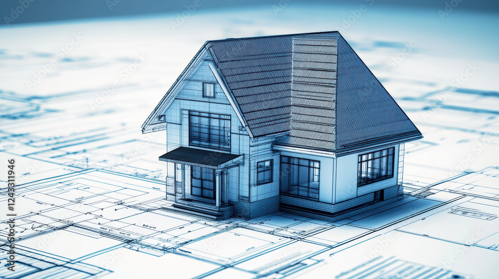 3D architectural model of house on blueprints, showcasing design details and ample space. This captures essence of modern home design and planning 3D architectural model of house on blueprints, showcasing design details and ample space. This captures essence of modern home design and planning