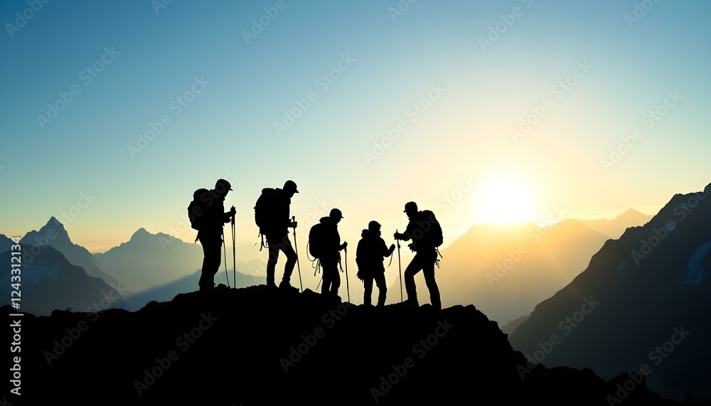 Silhouette of climbers who climbed to the top of the mountain thanks to mutual assistance and teamwork Silhouette of climbers who climbed to the top of the mountain thanks to mutual assistance and teamwork