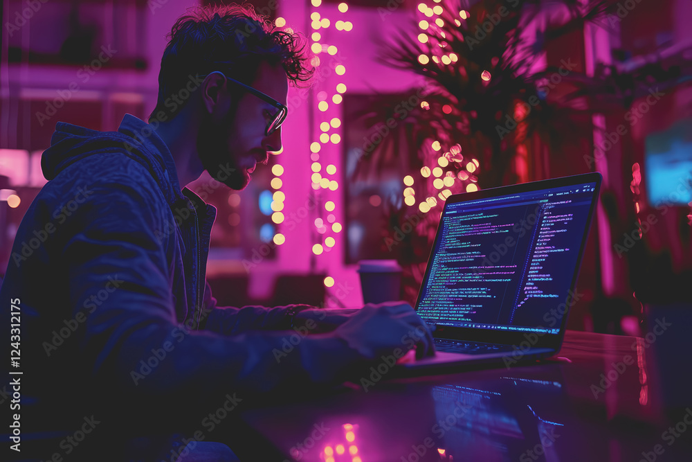 It's a real picture of a developer coding on his laptop, in the live work environment. It's a real picture of a developer coding on his laptop, in the live work environment.
