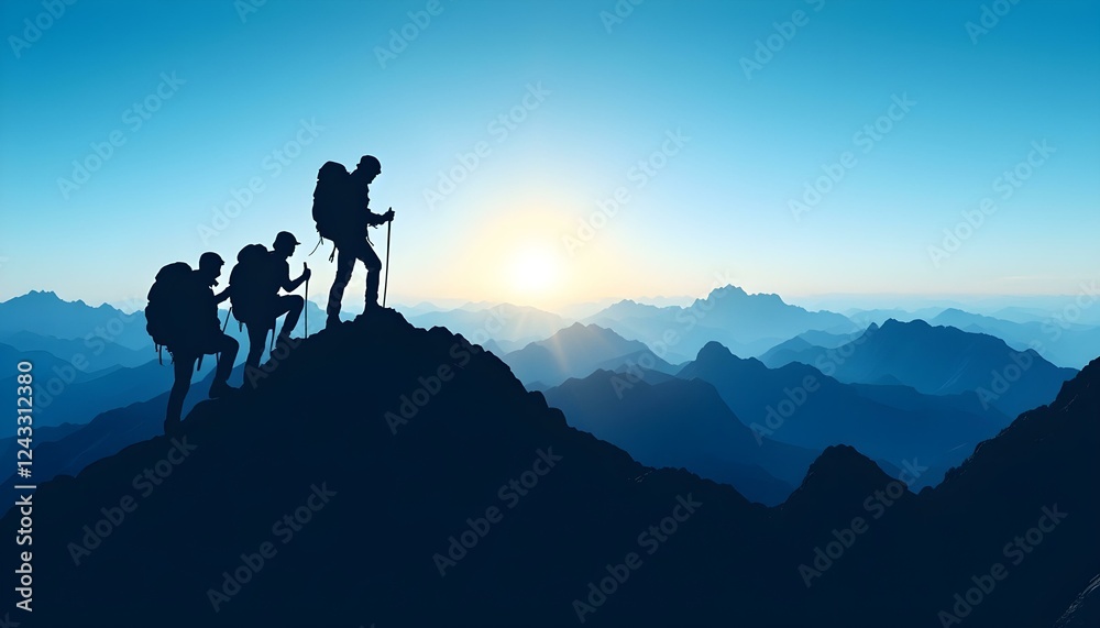 Fototapeta premium Silhouette of climbers who climbed to the top of the mountain thanks to mutual assistance and teamwork