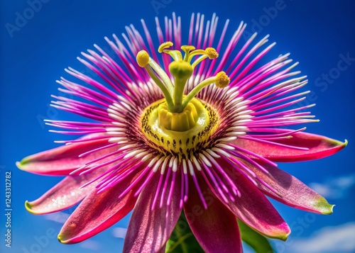 Curuba Flower Close-up: Vibrant Pink Passiflora mixta against Blue Sky photo