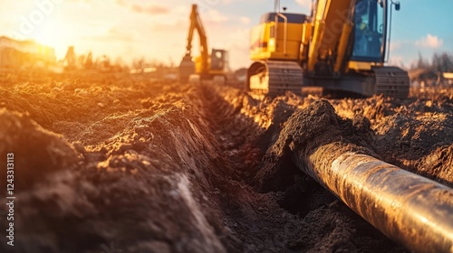 Construction activity at sunset with heavy machinery operating on site