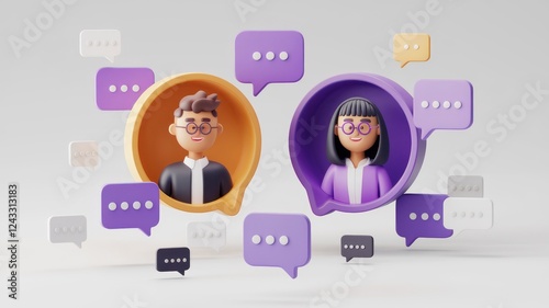 3d rendering of a man and woman  in conversation with speech bubbles surrounding them, representing online communication.  The man is in an orange circle with a light purple background. photo
