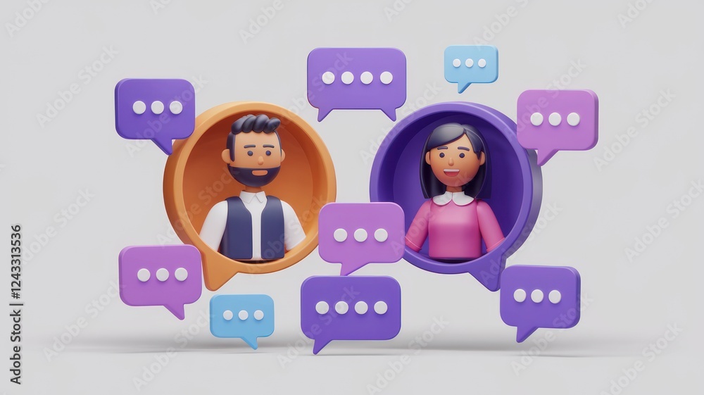 3D illustration of a man and woman engaging in a lively online chat, represented by colorful speech bubbles surrounding their avatars 3D illustration of a man and woman engaging in a lively online chat, represented by colorful speech bubbles surrounding their avatars