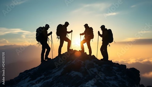 Silhouette of climbers who climbed to the top of the mountain thanks to mutual assistance and teamwork