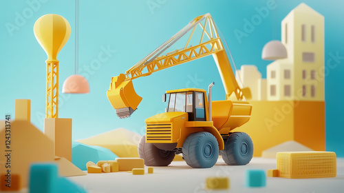 vibrant 3D construction scene featuring yellow excavator, surrounded by geometric shapes and buildings, showcasing machinery in action