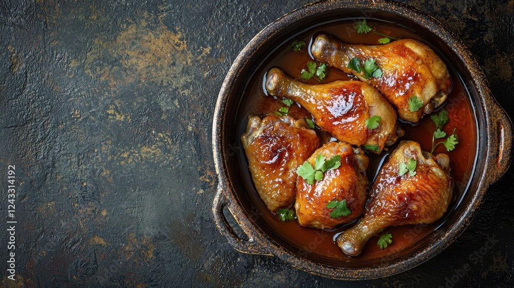 Savory chicken with brown sauce dark background food photography Savory chicken with brown sauce dark background food photography
