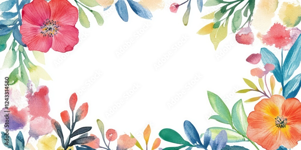 Obraz premium Watercolor Floral Frame With Bright Blossoms And Leaves
