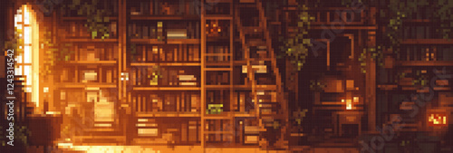 Cozy Pixel Art Library with Warm Lighting