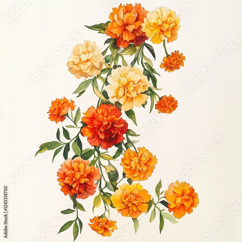 Watercolor art of a floral garland made with marigolds and jasmine for a traditional festive decor.