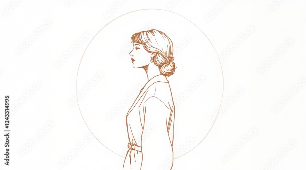 Hand drawn sketch high angle perspective minimalist illustration lady profile vintage outfit soft brown cream tones oval textured background Hand drawn sketch high angle perspective minimalist illustration lady profile vintage outfit soft brown cream tones oval textured background