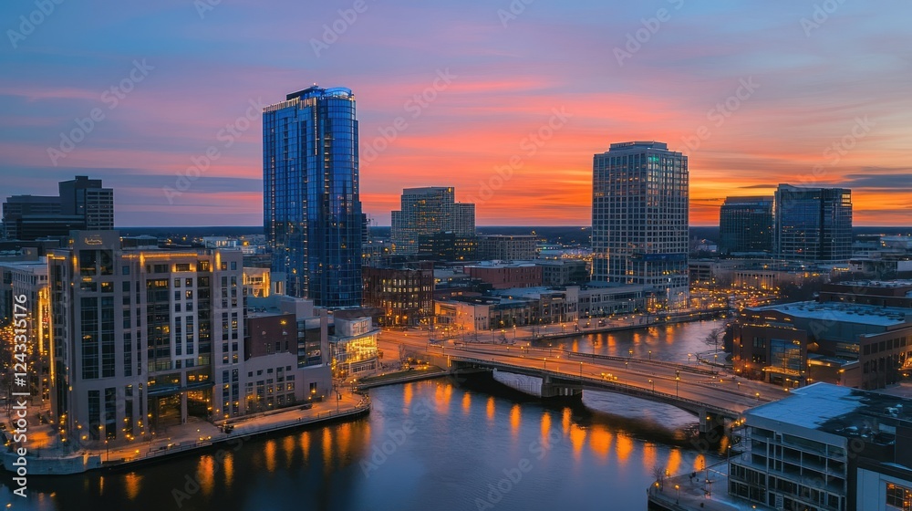Fototapeta premium Grand Rapids Michigan Skyline at Sunset: Breathtaking Aerial View of Cityscape, River, and Bridges