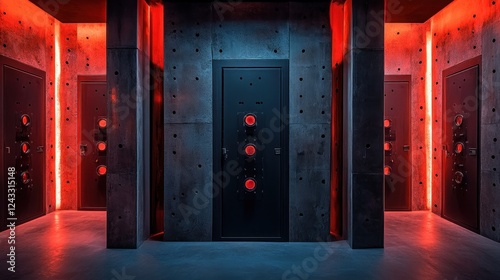 Red-lit vault corridor, escape room, mystery game photo