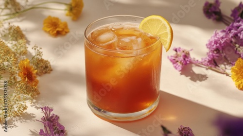 A glass of kombucha with a lemon slice garnish, surrounded by health-themed items.