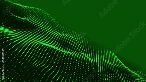 Abstract glowing digital cyber visual waves made of green particles and dots move on a green background. Dark blue swirling dot line wave background