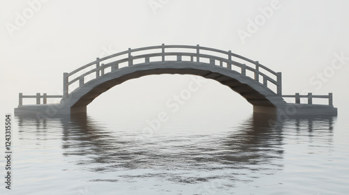 serene wooden bridge arches gracefully over calm water, creating tranquil scene. soft mist envelops surroundings, enhancing peaceful atmosphere