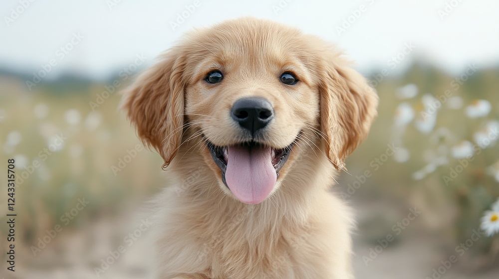 Happy Golden Retriever Puppy In Daisy Field Happy Golden Retriever Puppy In Daisy Field