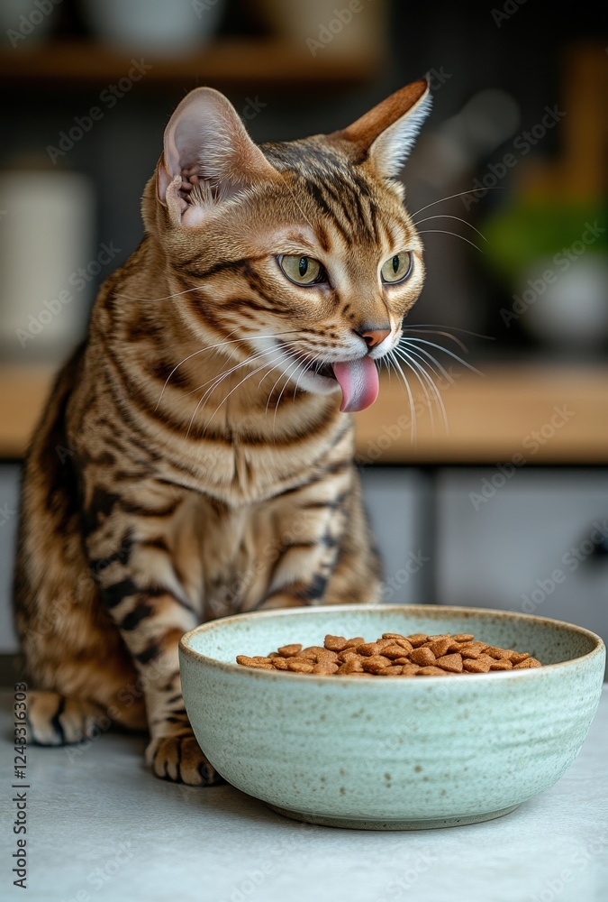 Fototapeta premium Close-Up of a Bengal Cat Sitting at a Bowl of Dry Cat Food with a Playful Expression and Tongue Out, Captured in a Cozy Kitchen Environment