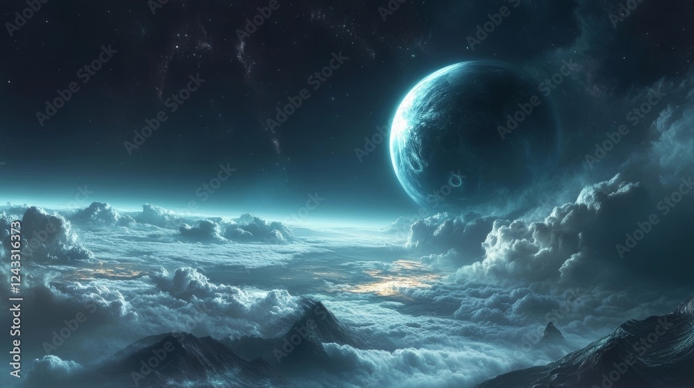 Mysterious planet above clouds at twilight showcasing an alien landscape filled with mountains and a luminous sky Mysterious planet above clouds at twilight showcasing an alien landscape filled with mountains and a luminous sky