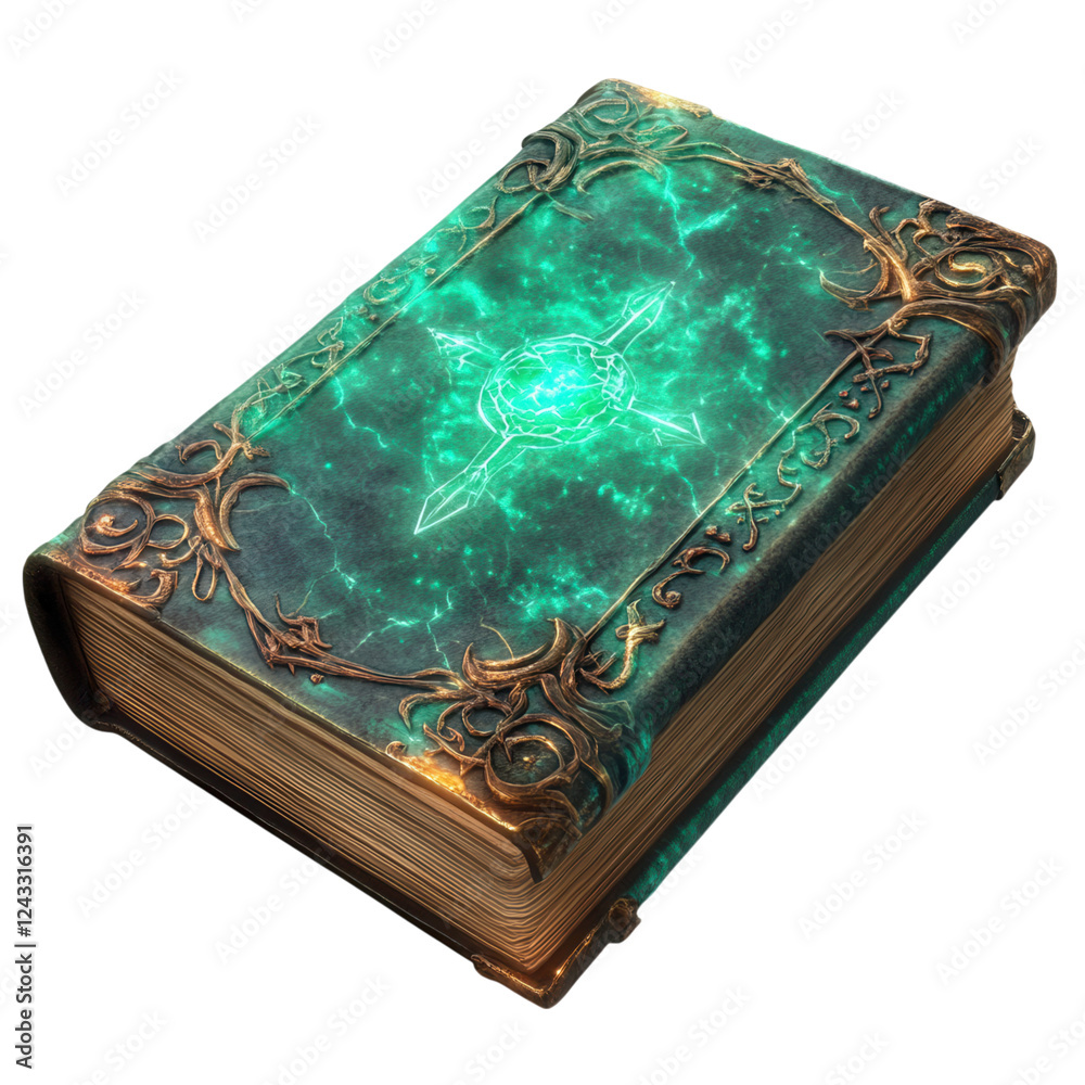 Enchanted Spellbook Design, a mystical blank tome adorned with luminous runes, transparent background ideal for magical themes and creative projects
