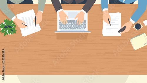 hands on laptop, business work, topview vector illustration
