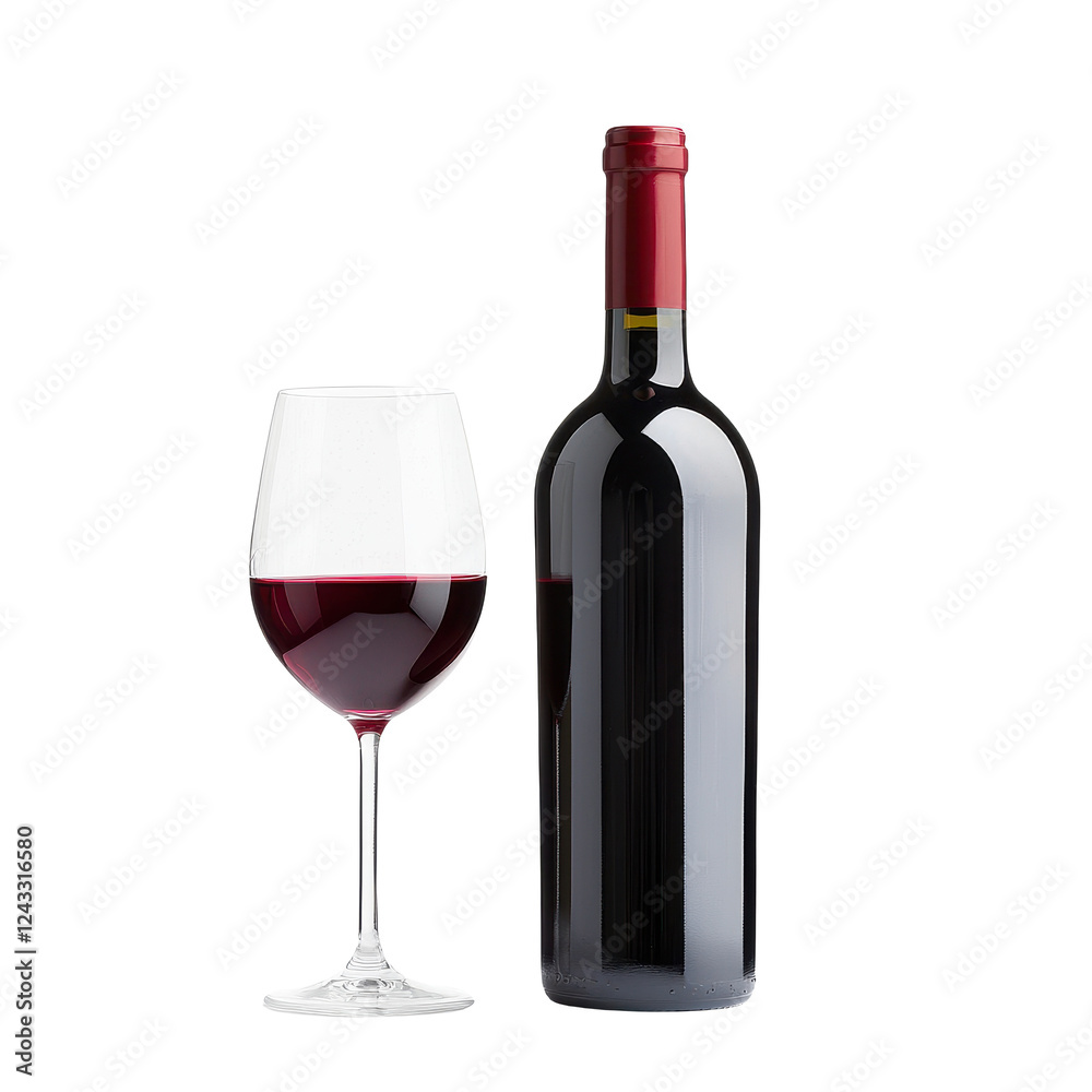 Red wine bottle with glass, elegant presentation, white isolated background. Red wine bottle with glass, elegant presentation, white isolated background.
