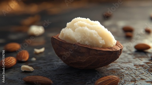 Natural shea butter inside a cracked nut shell with almonds scattered around