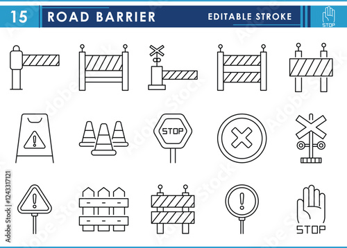 A set of line icons related to Road Blocks and Barriers. Various stop, warning, and physical barriers. Vector editable stroke.