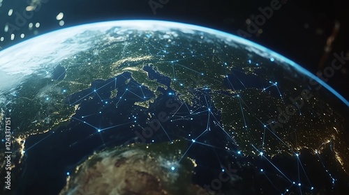 Fototapeta Naklejka Na Ścianę i Meble -  Digital earth network, planet with glowing connections representing data transfer, concept global network, internet, communication, technology, business, future