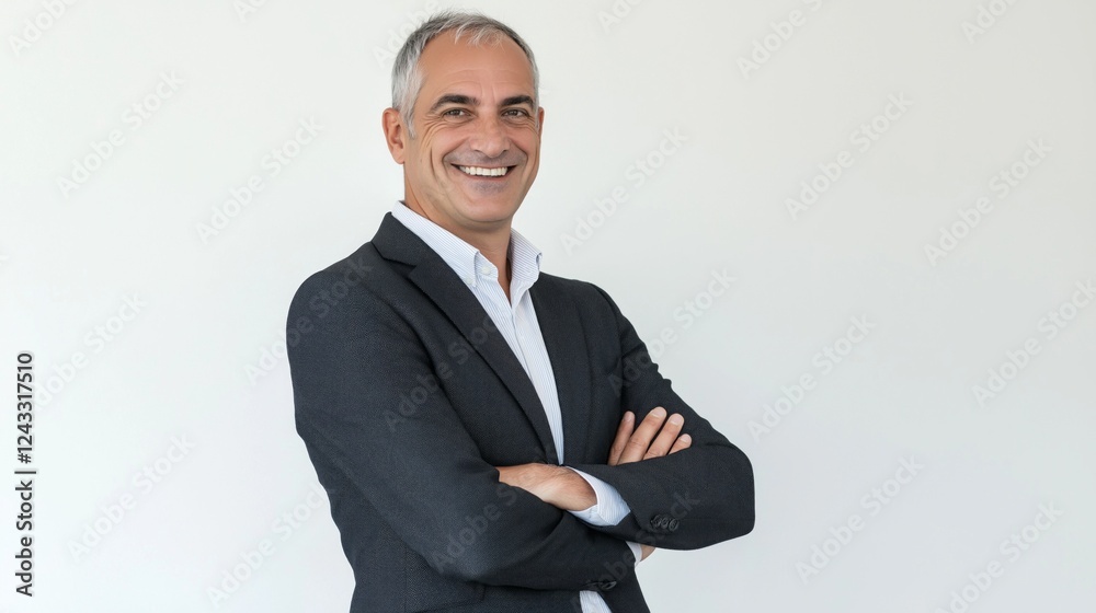 A charismatic business professional stands with crossed arms, sporting a stylish suit and a friendly smile. The bright, minimalistic environment enhances his confident demeanor, ideal for networking A charismatic business professional stands with crossed arms, sporting a stylish suit and a friendly smile. The bright, minimalistic environment enhances his confident demeanor, ideal for networking