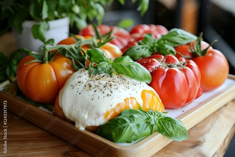 Juicy ripe tomatoes and creamy burrata cheese, garnished with fresh basil, create a vibrant Italian-inspired culinary scene Juicy ripe tomatoes and creamy burrata cheese, garnished with fresh basil, create a vibrant Italian-inspired culinary scene