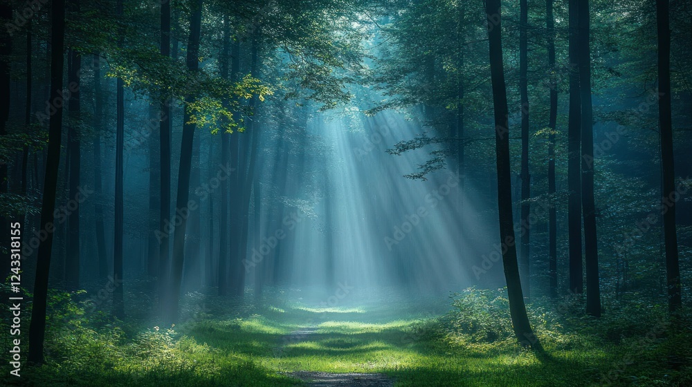 Fototapeta premium Sunbeams illuminate misty forest path