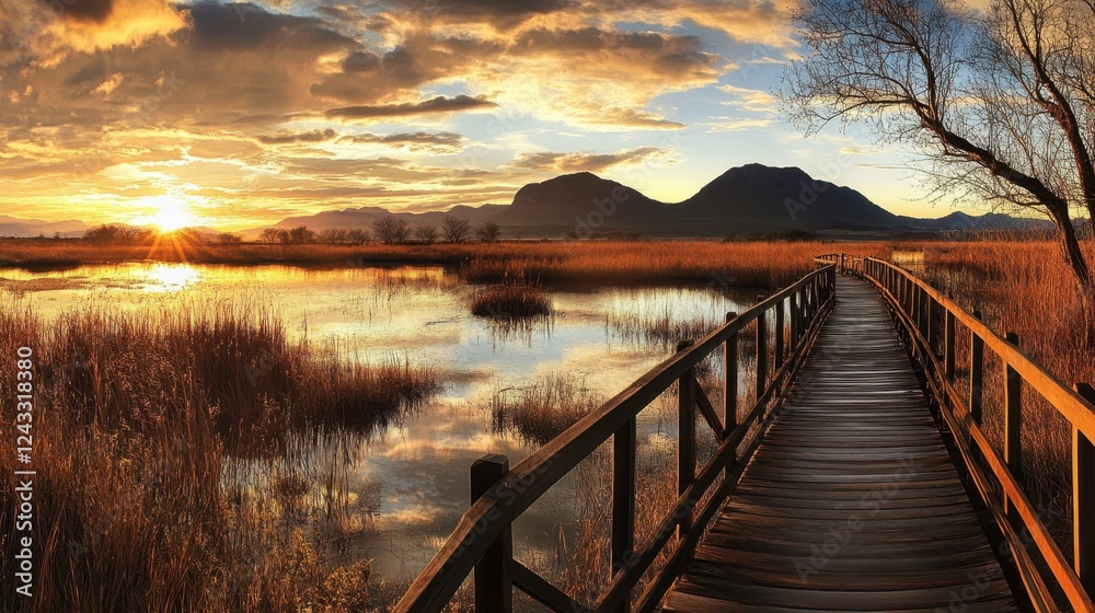A panoramic view of the Gaomei Wetlands, with wooden boardwalks leading through the marshlands, perfect for sunset photography. A panoramic view of the Gaomei Wetlands, with wooden boardwalks leading through the marshlands, perfect for sunset photography.