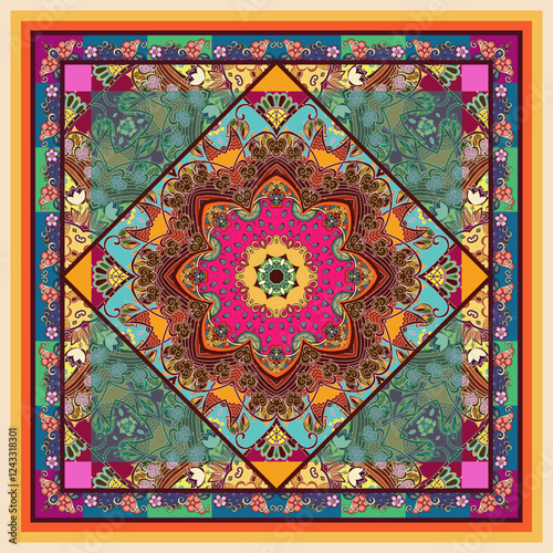 Bright square silk scarf with floral mandala on ornamental background. Bandana print with ethnic motifs. Fantasy pattern.