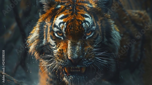 The sabre-toothed tiger, or Smilodon, was a prehistoric predator known for its massive, curved canine teeth. Living during the Ice Age, it hunted large prey like bison and mammoths. With a muscular bu photo