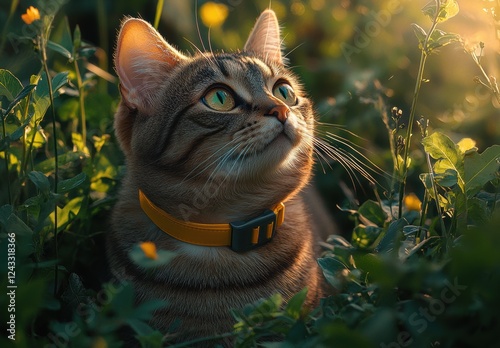 Close-Up View of an Alert Tabby Cat in a Meadow Surrounded by Bright Green Grass and Yellow Wildflowers, Captured During a Warm Sunny Afternoon photo