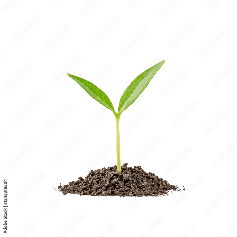 Small green plant sprouting from dark soil, isolated on a white background. Small green plant sprouting from dark soil, isolated on a white background.