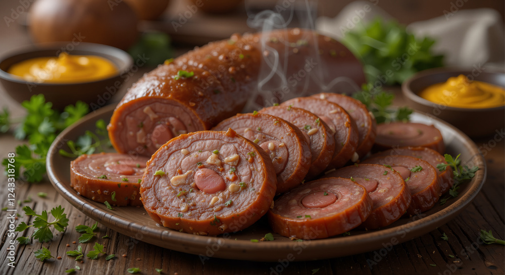 A beautifully arranged plate of Boudin, showcasing its rich, earthy tones of deep brown and golden hues. A beautifully arranged plate of Boudin, showcasing its rich, earthy tones of deep brown and golden hues.
