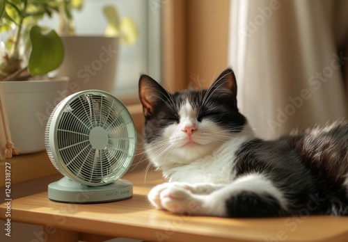 Cozy black and white cat resting peacefully next to a small table fan in soft sunlight by a window with green plants