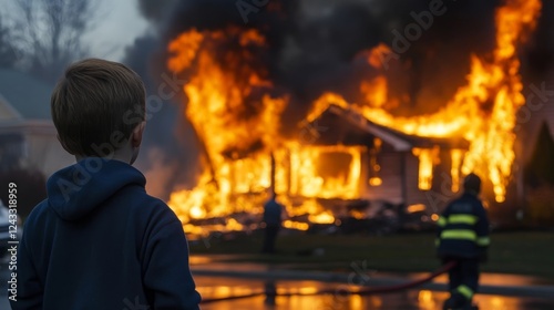 Young boy watches as firefighters battle a raging house fire in a residential neighborhood during twilight