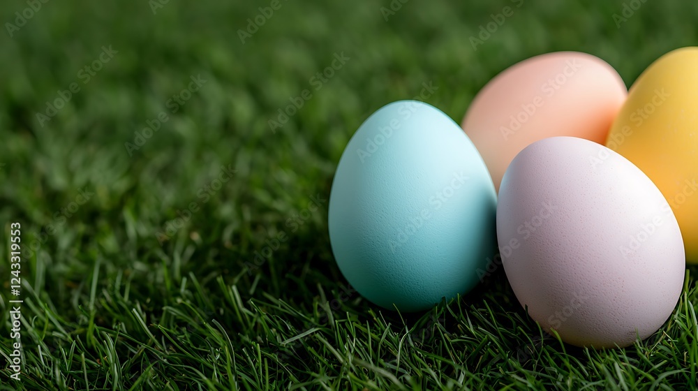 Easter day celebration with pastel tone easter eggs on green grass field Easter day celebration with pastel tone easter eggs on green grass field