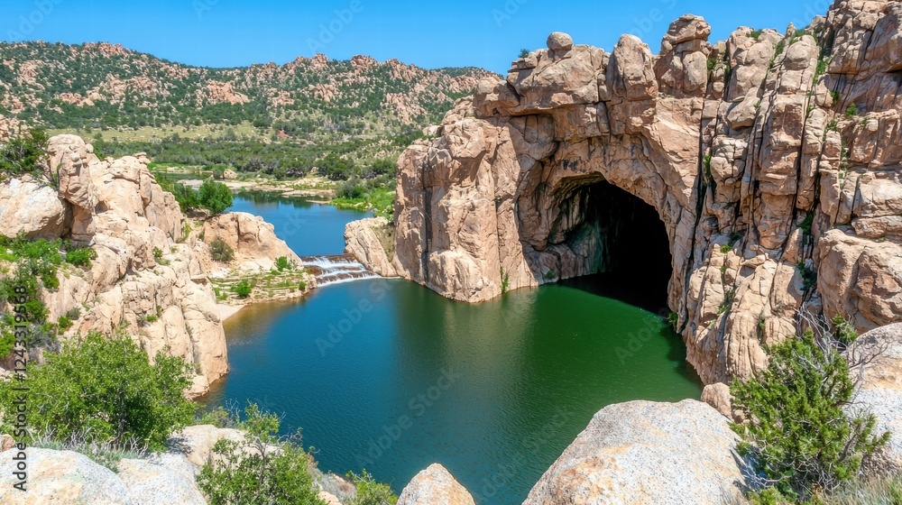 Scenic Mountain Lake with Serene Rock Formation and Cave Entrance Scenic Mountain Lake with Serene Rock Formation and Cave Entrance