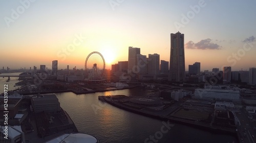 A panoramic view of Yokohama's Minato Mirai district at sunset, showcasing the iconic skyline with the Landmark Tower and Ferris wheel. photo