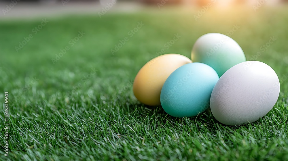 Easter day celebration with pastel tone eggs on green grass springtime outdoor scene Easter day celebration with pastel tone eggs on green grass springtime outdoor scene
