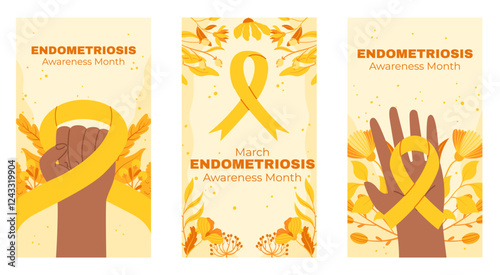 Endometriosis Awareness Month Vertical Banners with Yellow Ribbon, Fists, Hands, and Floral Background for March Health Campaign