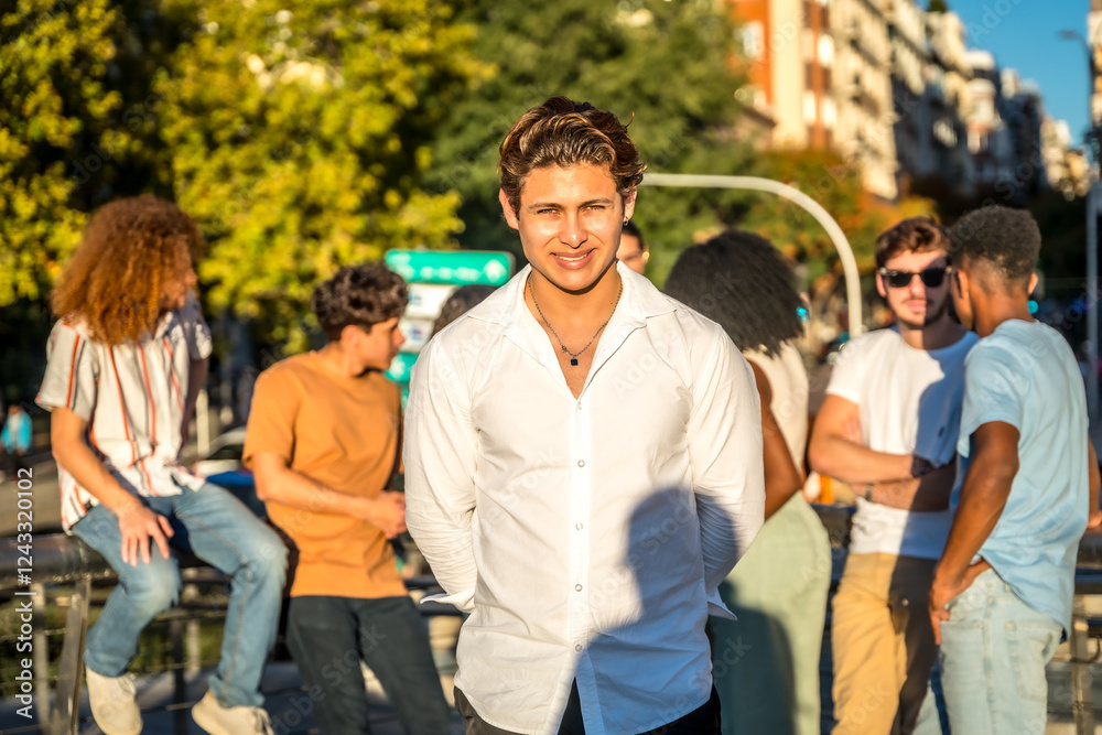 Portrait of stylish young man with white t-shirt and friends Portrait of stylish young man with white t-shirt and friends